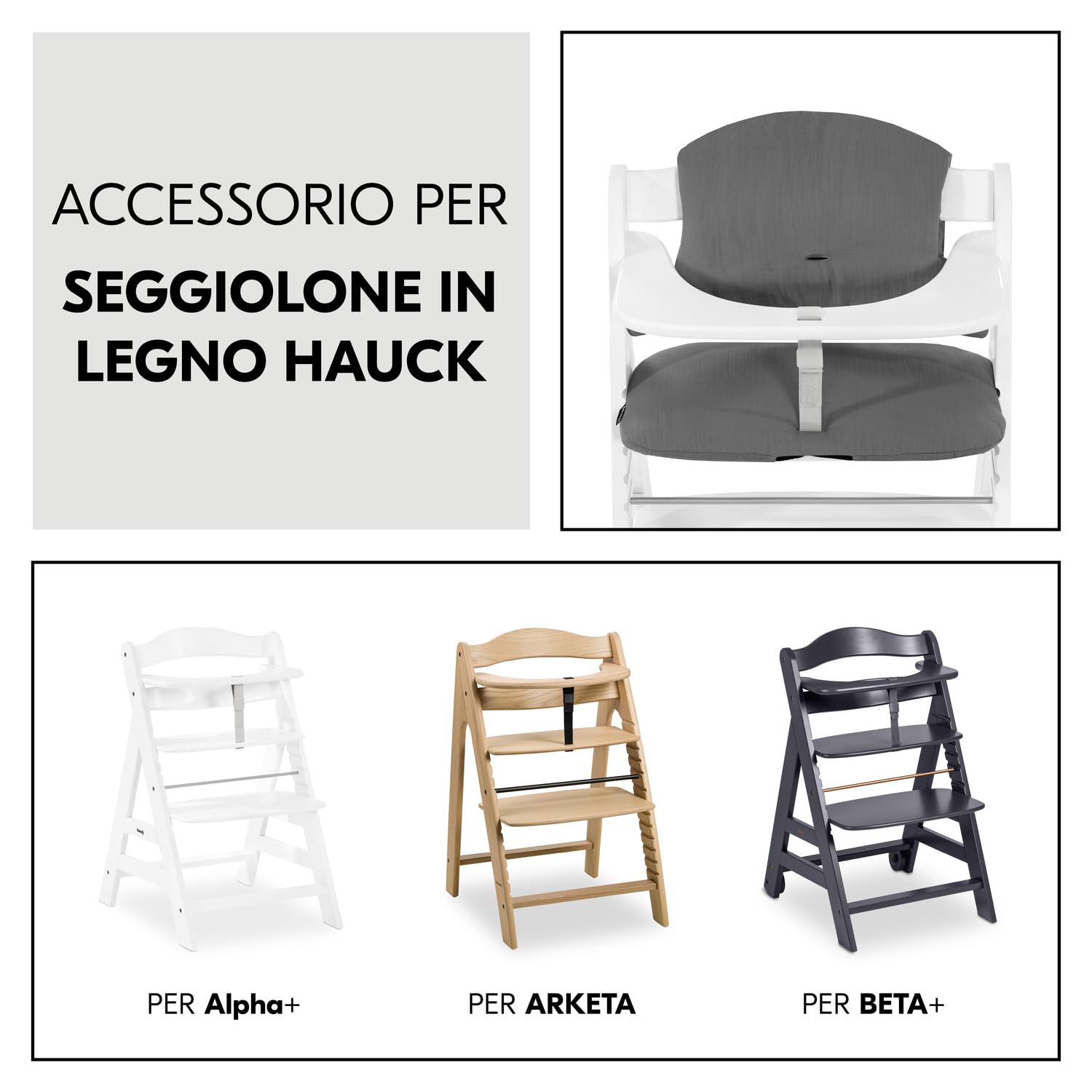 hauck Highchair Pad Select, Grigio Scuro Mussola - Cuscino per Bambini 6 - 36 Mesi - Accessorio Compatibile con Seggiolone Pappa Alpha+, Beta+ e Arketa - Antiscivolo e Imbottitura Soffice
