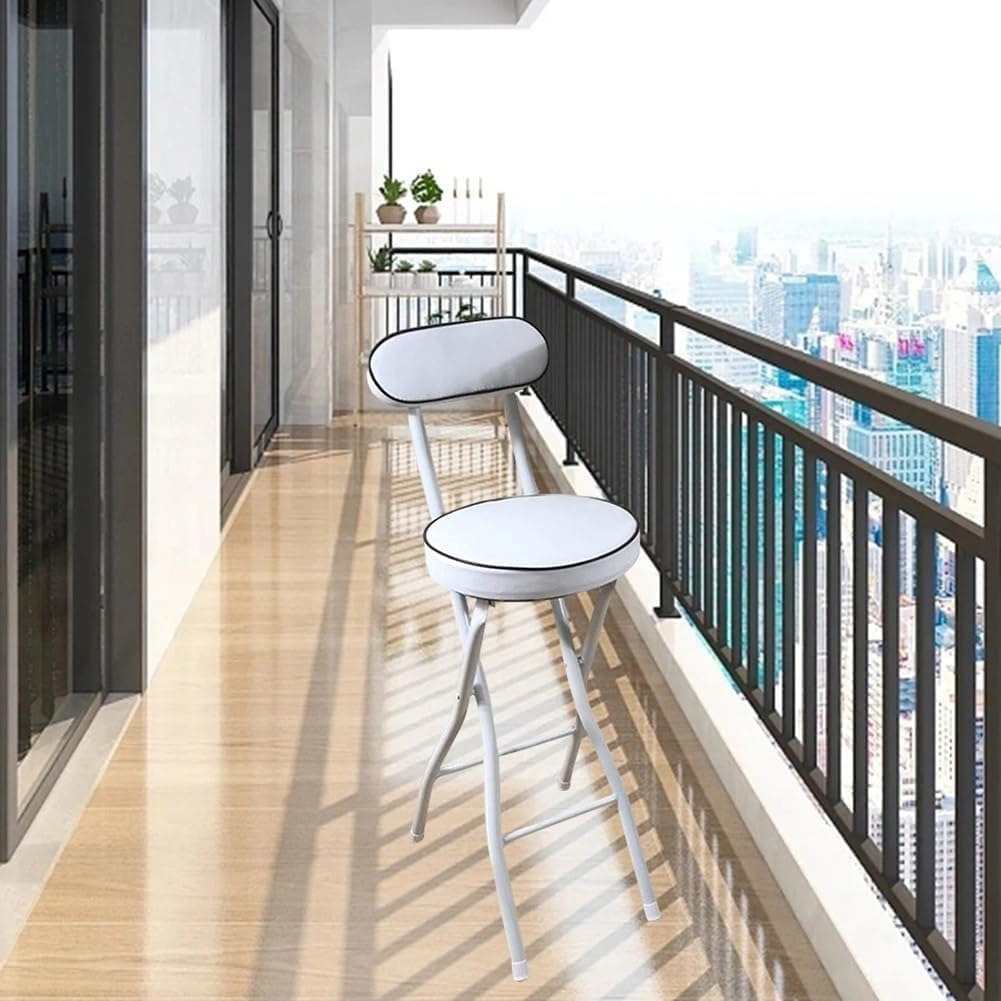 Portable Folding Breakfast Stool for Adults White PU Upholstered Kitchen Bar Chair with Steel Frame 24in High(White,55cm/22in)