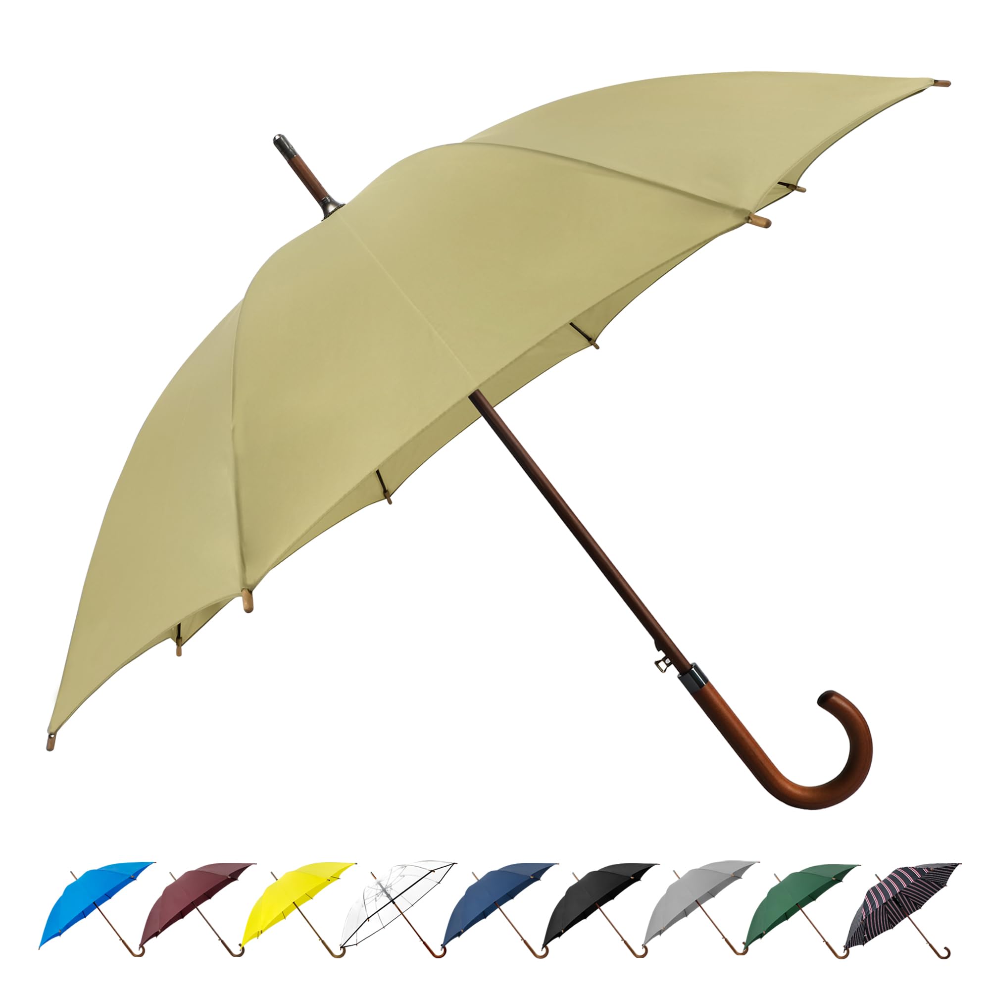 SoulRain Windproof Classic Umbrella With Wood Hook Handle, Auto Open Unbreakable Rain Umbrella - Beige