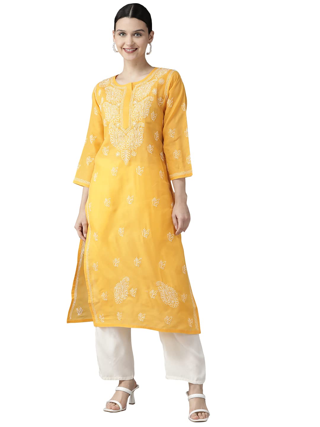 AdaIndian Hand Embroidered Chikankari Straight Cotton Blend Kurta Kurti Tunic Kameez for Women A208470