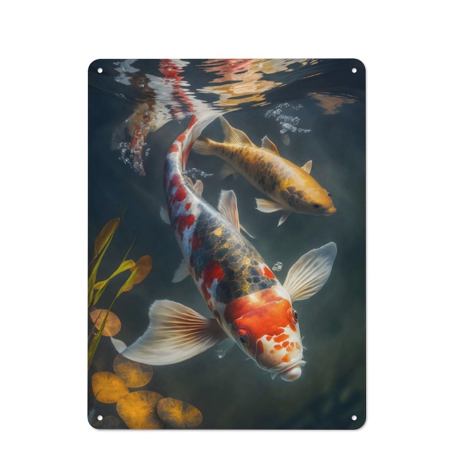 Junmoney Koi Fish Peaceful Waters Workshop Style Tin Sign 40X30cm, Industrial Wall Art For Garage, Hobby Room, Office Or Man Cave