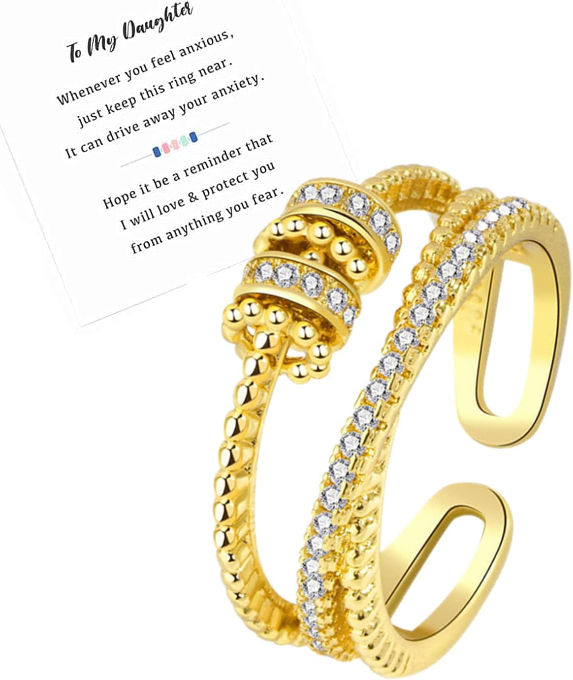 Askljeby Anxiety Ring for Daughter, 18K Gold Fidget Ring for Daughter from Mom to My Daughter Cubic Zirconia Adjustable Thumb Stress Anxiety Relief Ring for Women Teens Girls with Beads Spinner