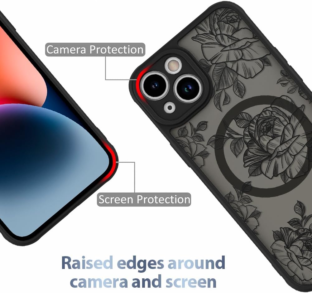 AIGOMARA Case for iPhone 14 [Compatible with MagSafe] Black Flower Floral Pattern Design for Women Girls Soft TPU Bumper Hard PC Back Anti-Fall Shockproof Protective Slim Magnetic Cover - Image 2