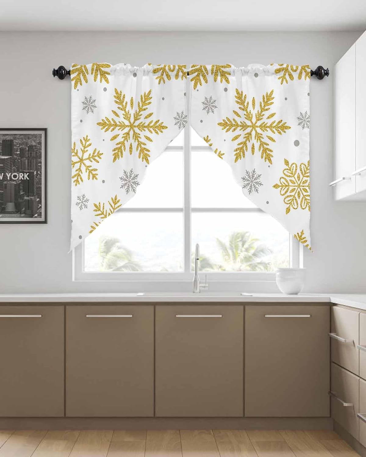 Swag Curtain,Christmas Gold Foil Snowflake White Kitchen Valances Rod Pocket Curtains Tier Pair Swag Topper,Winter Grey Snow 2 Panels Window Treatment for Bathroom Living Room Bedroom