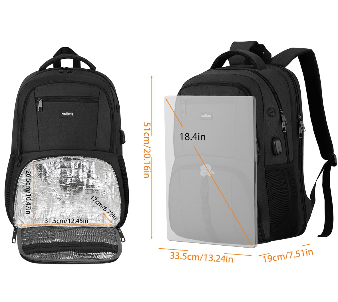 kadilong Mochilas aisladas de 17.3 pulgadas con compartimento refrigerador, mochila de viaje grande para laptop TSA con puerto USB para hombres y mujeres