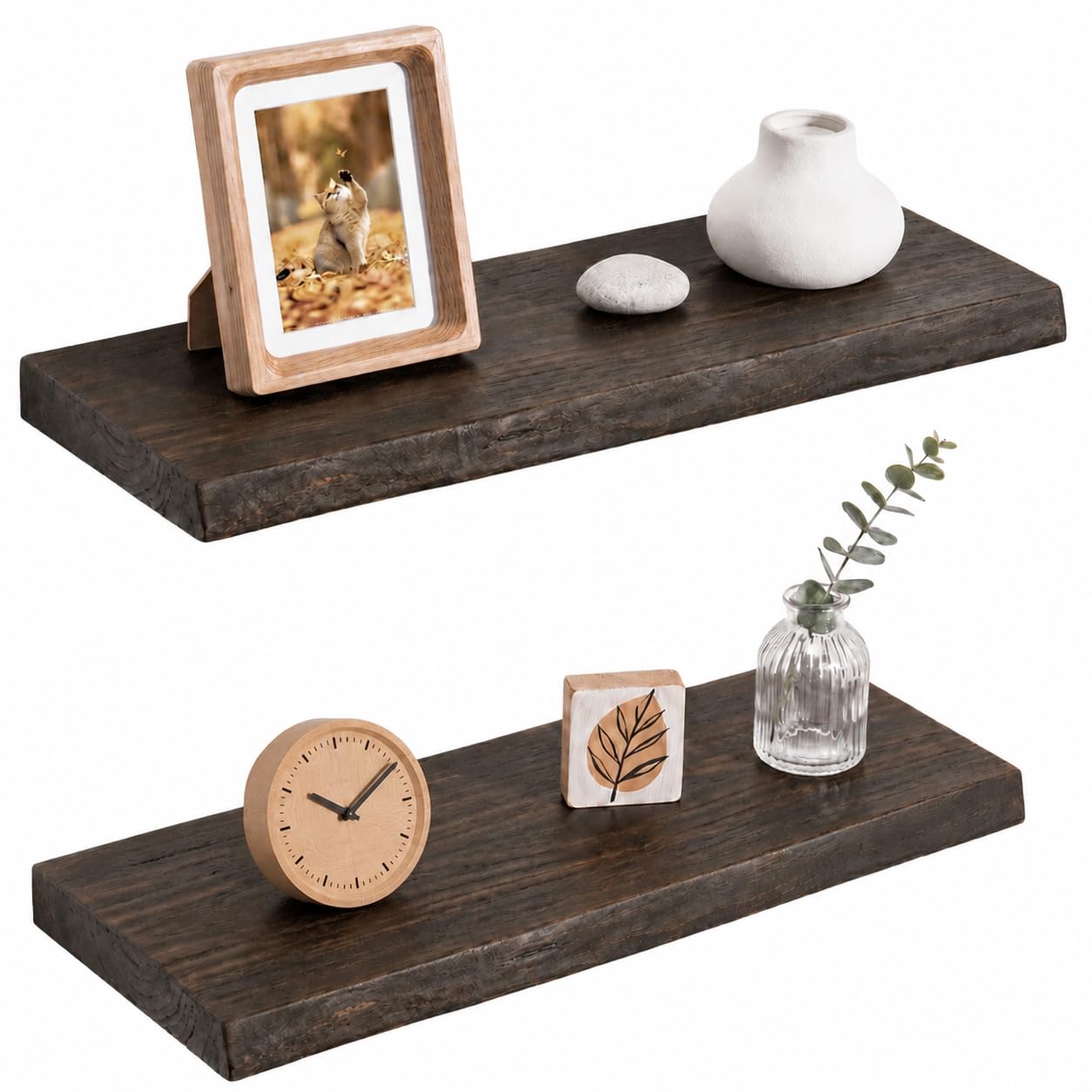 Feihorrm 40cm Elm Floating Shelves for Wall, Live Edge Wood Shelf Set of 2