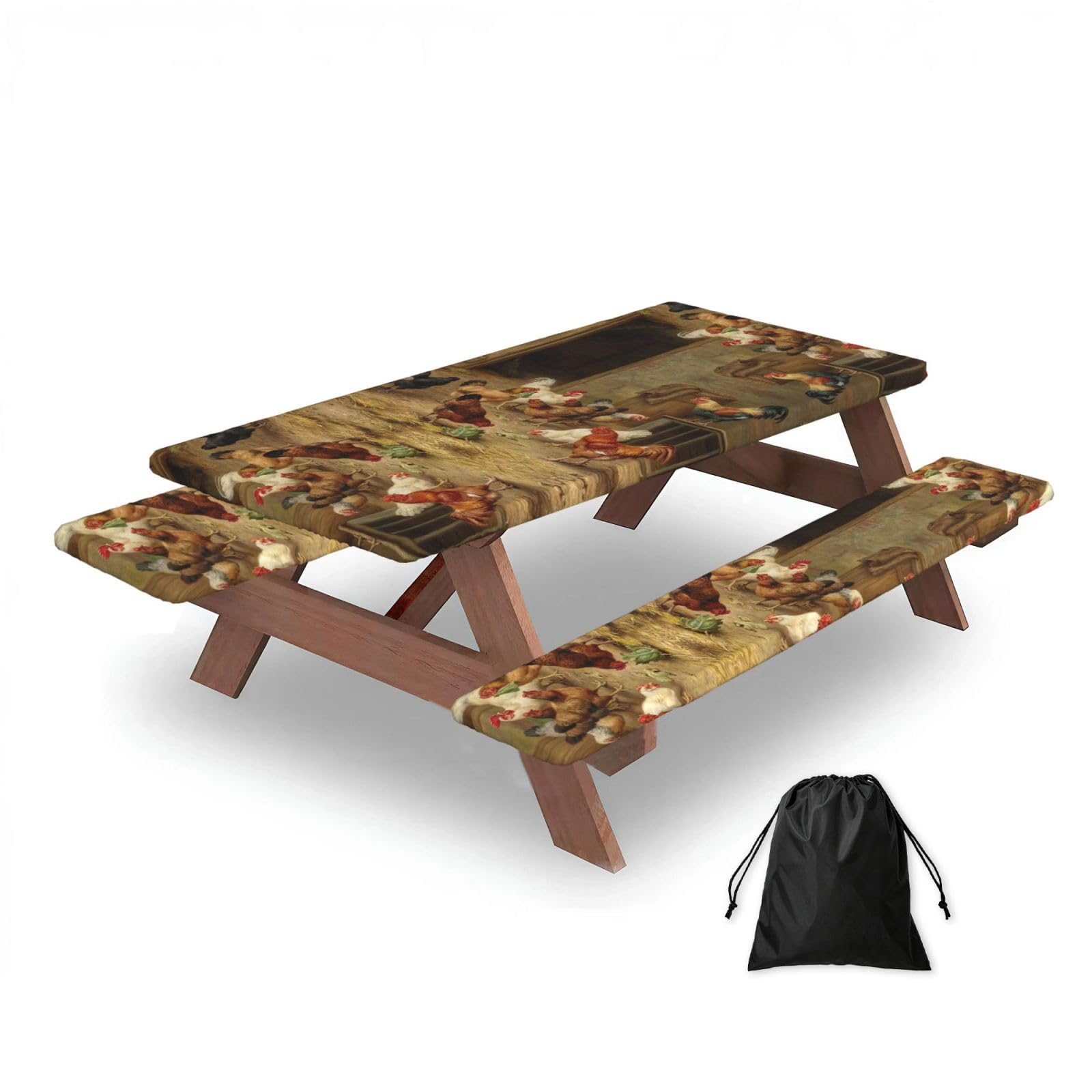 ESNAIUVCD Roast Chicken Hen Farm Print Picnic Table Cover With Bench Covers,Camping Essentials,Fitted Tablecloth Cover With Elastic Edge, For Indoor & Outdoor 3 Pcs