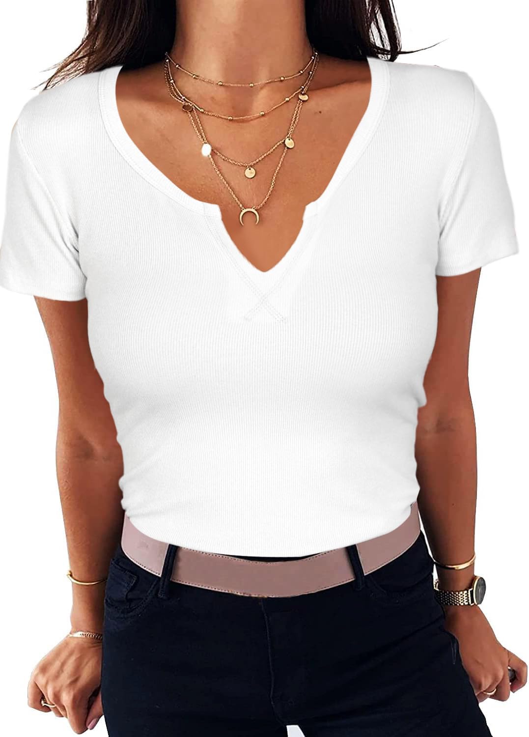 Aottori Camiseta Manga Corta Mujer Basica Tops Verano Cuello en V Elegante Punto Camisetas Ligero Stretchy Casual Túnica T-Shirt
