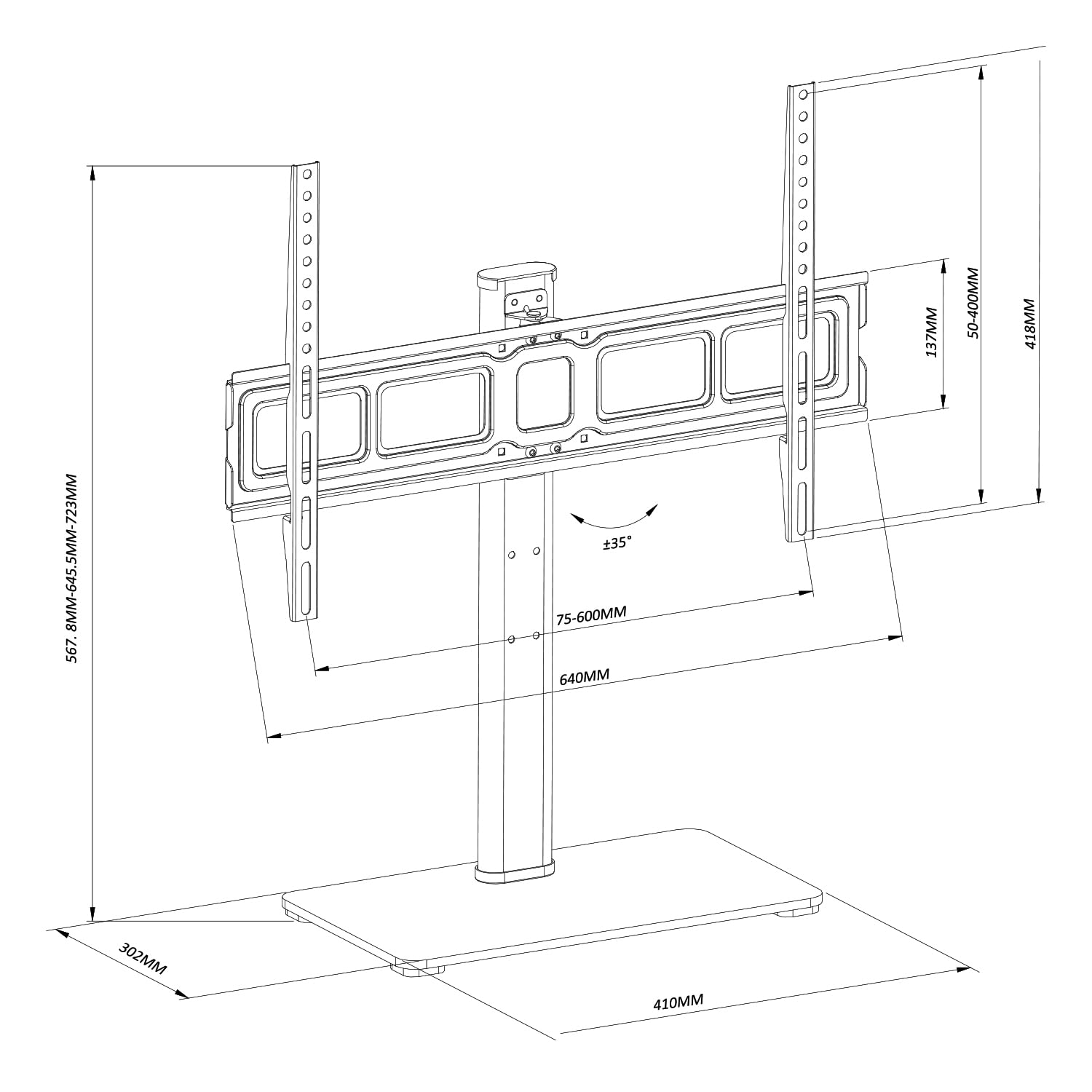Maclean Universal TV-Ständer für für 32-75" Zoll Fernseher bis zu 40 kg | Höhenverstellbar in 3 Höhen | Max.VESA 600x400 mm | TV Standfuss Fernsehständer | Sockel aus gehärtetem Glas