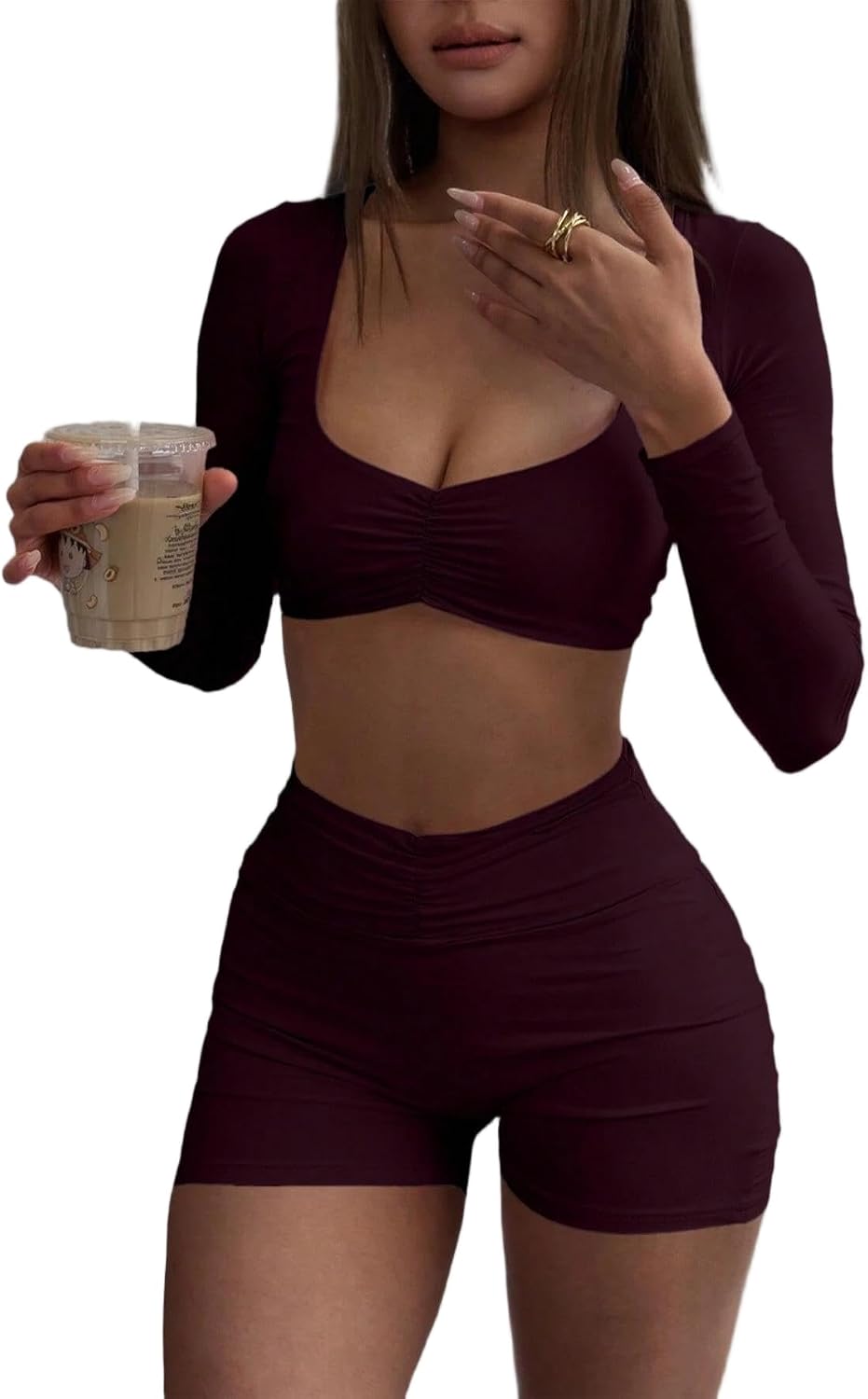 Two Piece Workout Sets for Women Long Sleeve Crop Top High Waist Scrunch Shorts Seamless Matching Gym Yoga Outfit