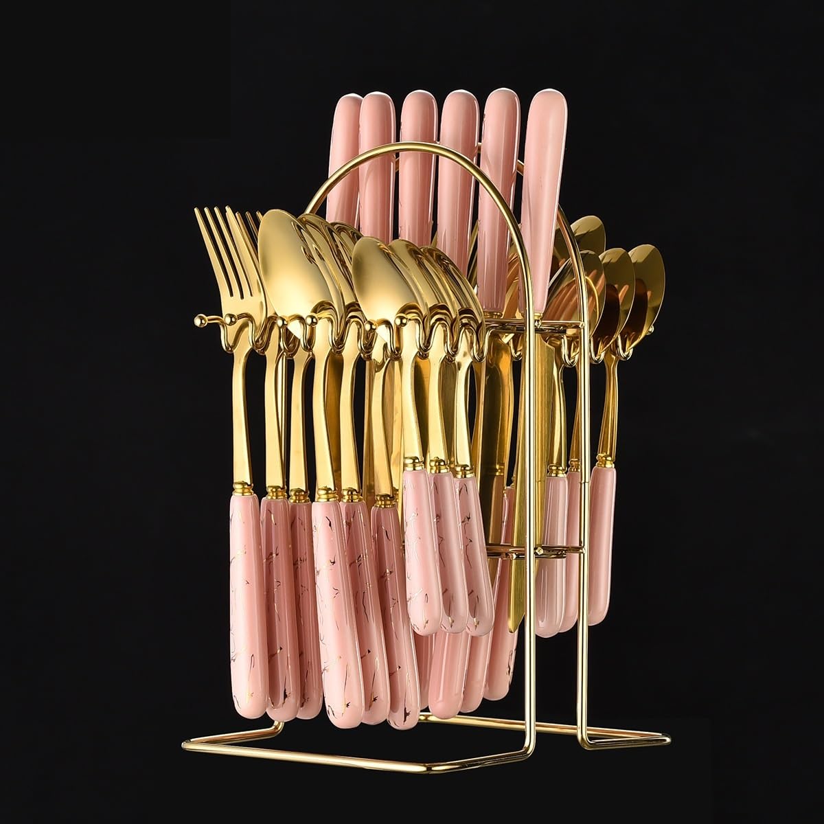 OLSKFUH Cutlery Flatware Cutlery Set, 24 Pieces Stainless Steel Tableware, Retro Ceramic Handle, Knife, Fork, Spoon, Hanging Rack, Tableware Gift Box Set,Pink-24Pcs