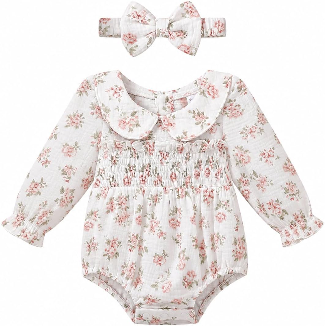 Renotemy Baby Girl Clothes Fall Winter Outfits Smocked Romper Preemie-18M