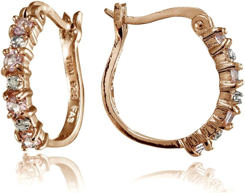 Rose Gold Flashed Sterling Silver Polished Simulated Gemstone Round Hoop Earrings