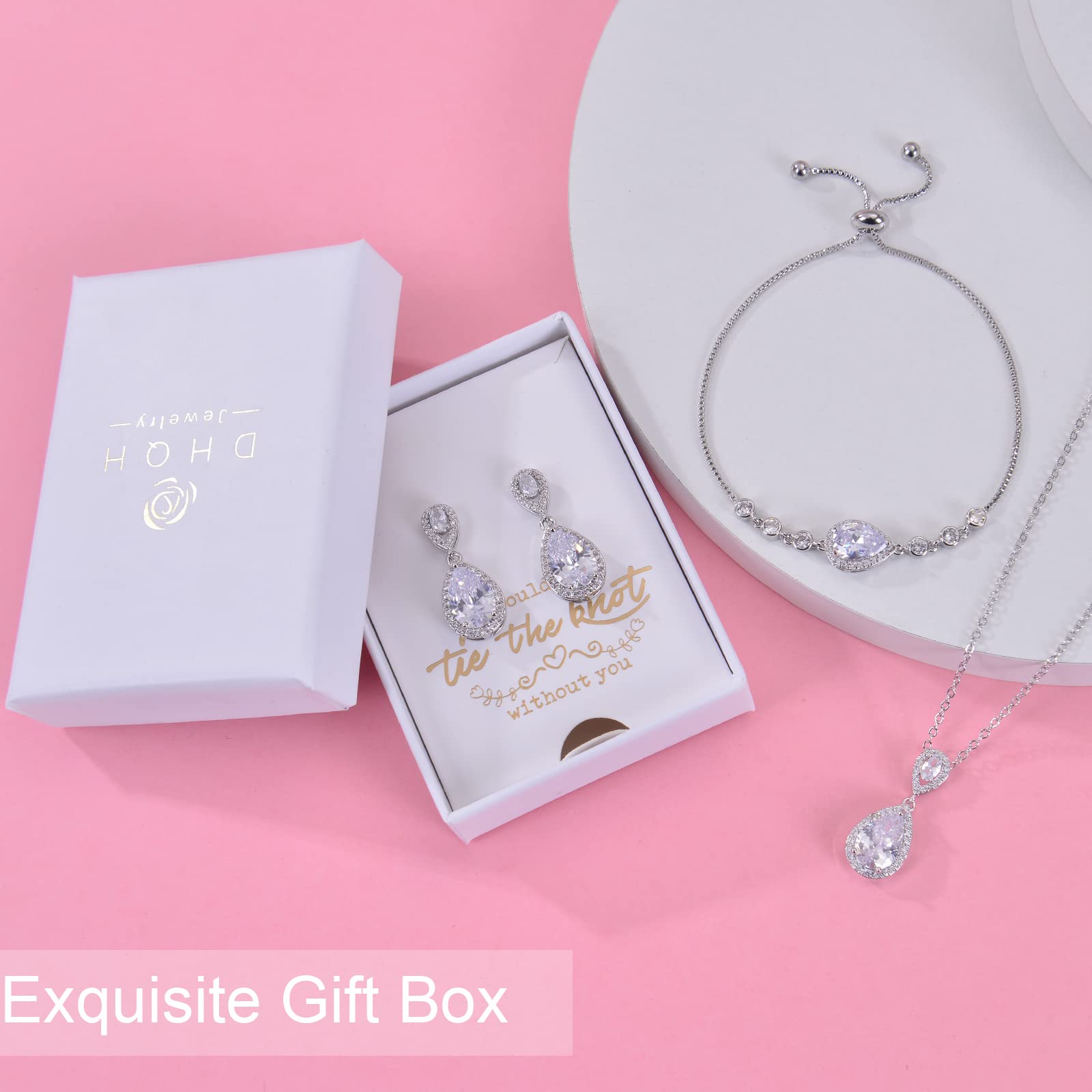 DHQH Set di 4 gioielli da sposa per damigella d'onore con zirconia cubica collana a goccia orecchini braccialetto anello set di gioielli per damigella d'onore per donne gioielli regalo per feste