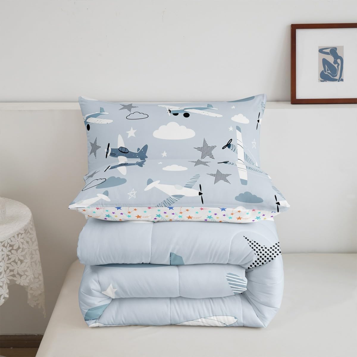 Cartoon Airplanes Kids Comforter Set Queen Size,Cute Aircraft Toddler Bedding Set for Boys Girls Adults,Starry Clouds Outer Space Adventure Down Comforter,Blue Lovely Duvet Insert,2 Pillowcases