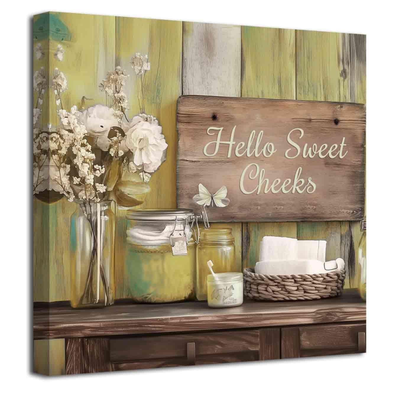LZIMU Yellow Bathroom Pictures Wall Art Rustic Bathroom Decor Farmhouse Quote Signs Canvas Prints Flower Poster Painting Funny Toilet Decor Framed (Yellow, (28L x 28W))