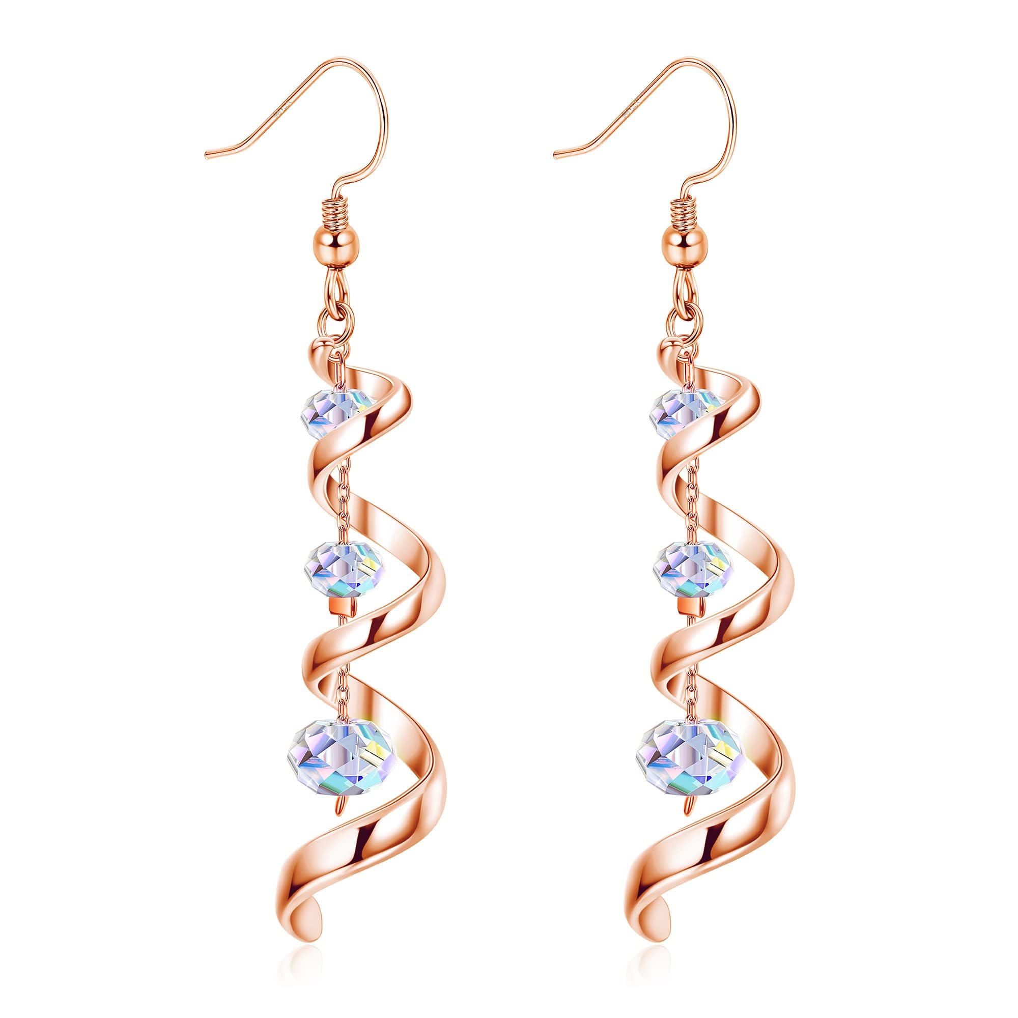 BESTEEL925 Sterling Silver Austria Crystal Eardrop Dangle Earrings for Women Spiral Ribbon Multi Teardrop Drop Dangly Earrings Sparkly Long Dangle Earrings Jewelry Gifts for Her Gold