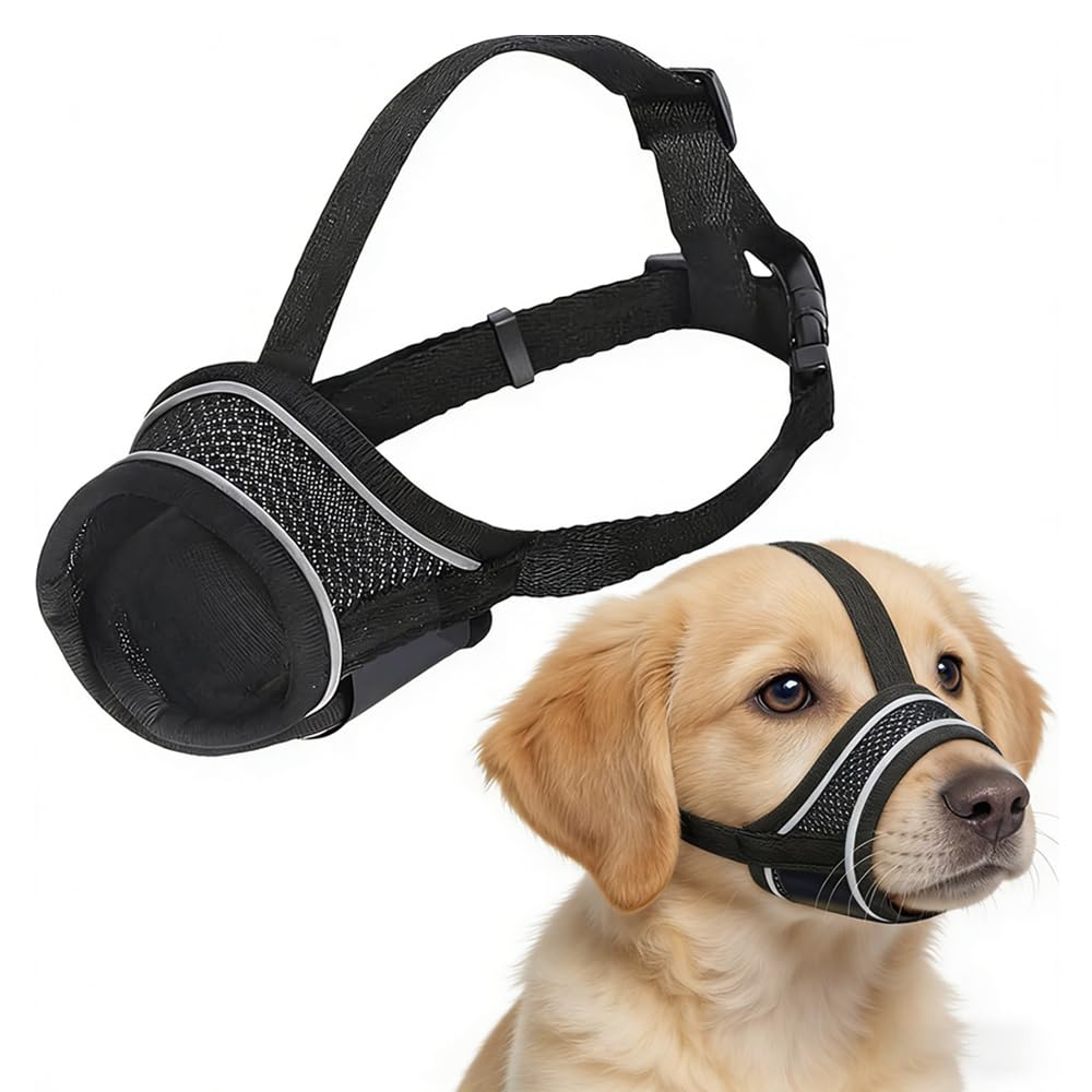 1PC Medium Dog Muzzle Breathable Mesh Pet Mouth Cover Snout Guard With Adjustable Straps And Reflective Piping For Adult Owners Professional Groomers Vet Visits Walking Pet Control Accessories