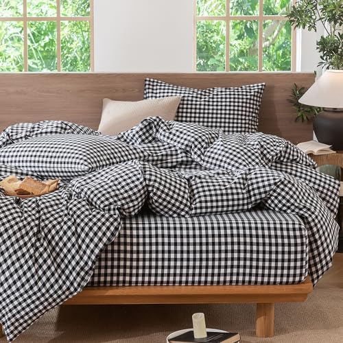 Image of MooMee Gingham Duvet Cover Set 100% Washed Cotton Linen Like | Relaxed Linen-like Texture. Soft, Breathable & Long-lasting Comfort. Lightweight. Hidden Zipper with 8 Interior Corner Ties