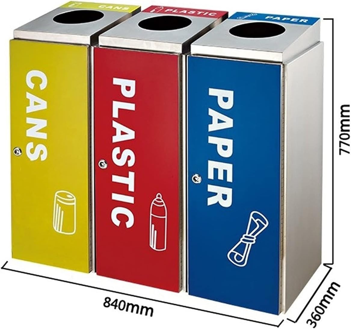Trash Can Stainless Steel Garbage Container Bin 3 Bin Square Trash Can with Label and Inner Buckets for Outdoor Commercial Use Dustbins