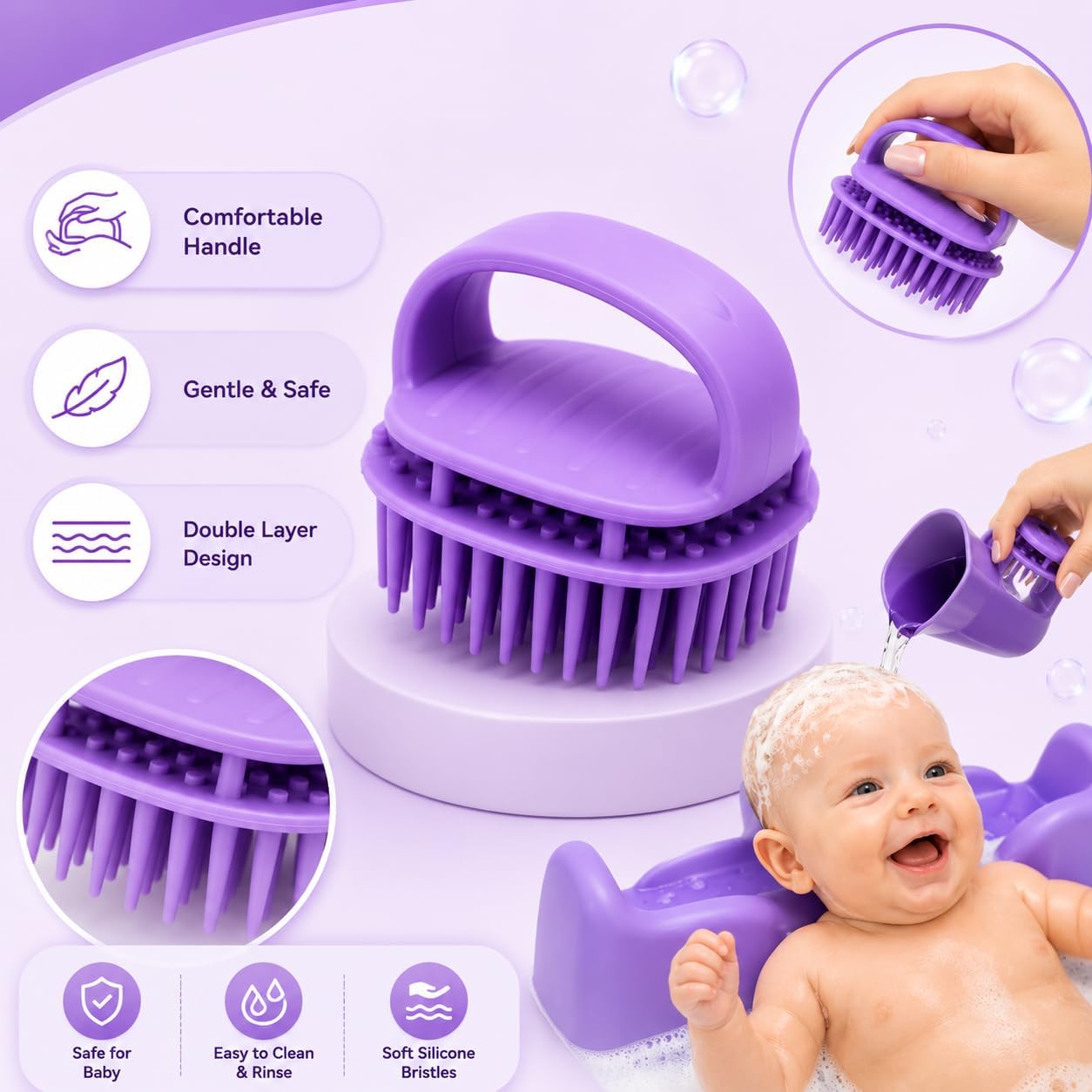 Portable Hair Washing Station for Kids 3 In 1 – Silicone Hair Washing Basin for sink and Teens,Tear-Free Shampoo Bowl with baby bath Rinse Cup & Brush, Neck Support for Kids-Purple