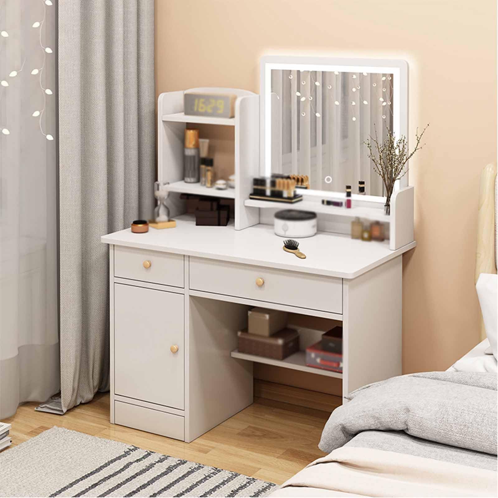 Tocador pequeño blanco con espejo iluminado y estante de maquillaje