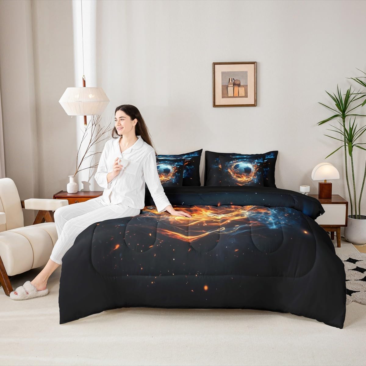 Feelyou Boys 3D Soccer Comforter Set with Sheets Twin Size 7 Pieces Kids Football Bedding Set for Girls Teens Sports Ball Gaming Theme Bed in a Bag Room Decor