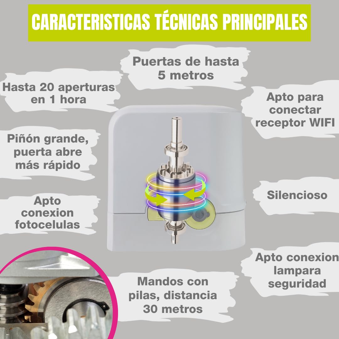 Motor con WIFI - Kit motor puerta de garaje corredera 800 kg - Motor rápido - Incluye motor, fotocelula, cuadro de control, 2 mandos a distancia y 4 metros de cremallera MOTIC