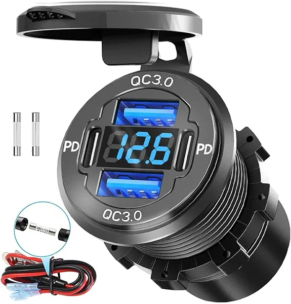 78W Quad-Port 12V USB Outlet - Dual QC3.0 & PD3.0 Quick Charge Car Charger Socket with Voltmeter, Aluminum Alloy Waterproof USB C Port for Car Boat Marine Motorcycle RV Truck ATV Golf Cart