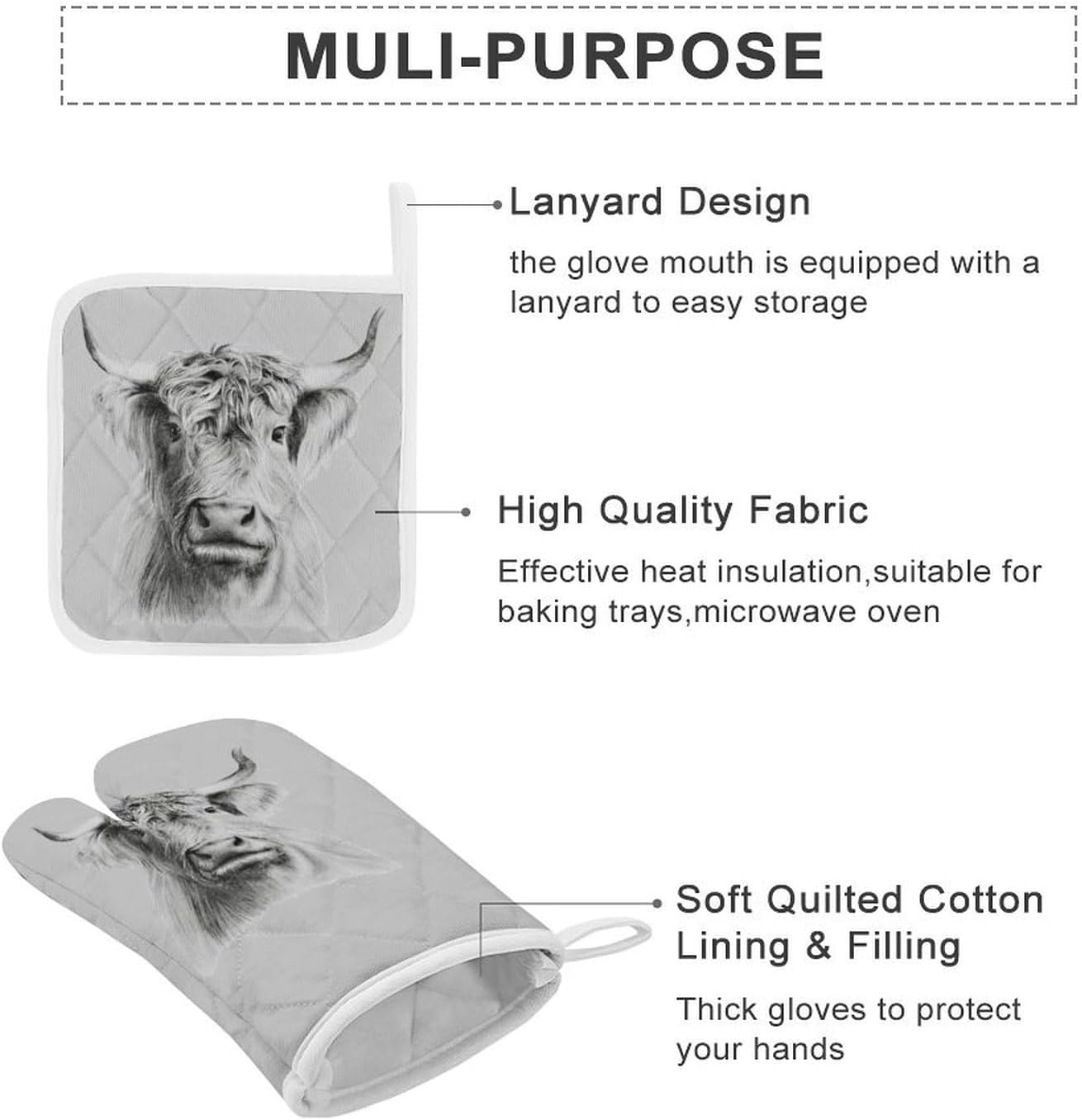 Funny Highland Cow Print Oven Mitts and Pot Holders 3 Piece Sets Heat Resistant Gloves Hot Pads Potholders for Kitchen Baking Cooking