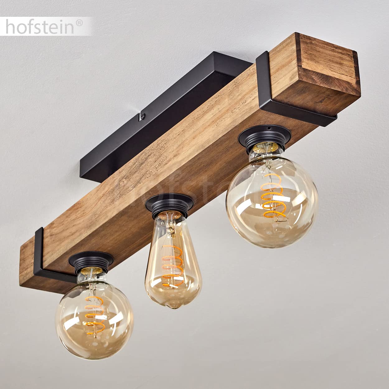 Lámpara de techo Montgomery, moderna lámpara de techo de metal/madera en negro/naturaleza, lámpara con varilla de madera en diseño vintage, 3 llamas, 3 x E27, sin bombilla(s)