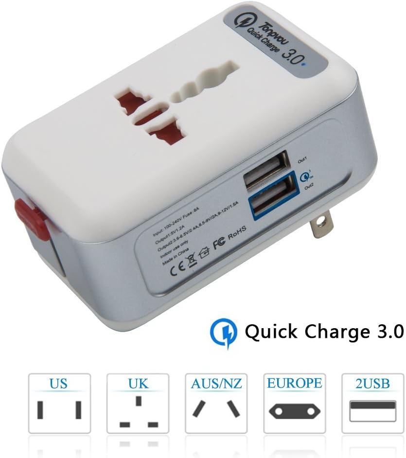 Travel Adapter, Tonpvon Quick Charge3.0 Dual USB Worldwide All-in-One Travel Chargers for EU UK US AUS 150 + Countries Universal Travel Power Plug Wall AC Adapter Fast Charger. (Silver)