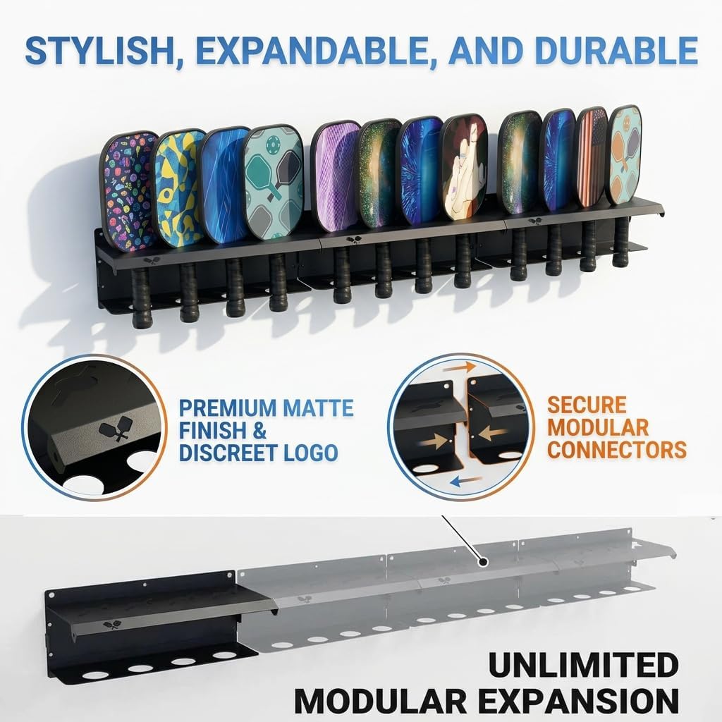 Pickleball Paddle Rack, 4/8/12-Paddle Holder, Wall/Fence Hanging Holder with Player Turn Label, Outdoor Storage Organizer
