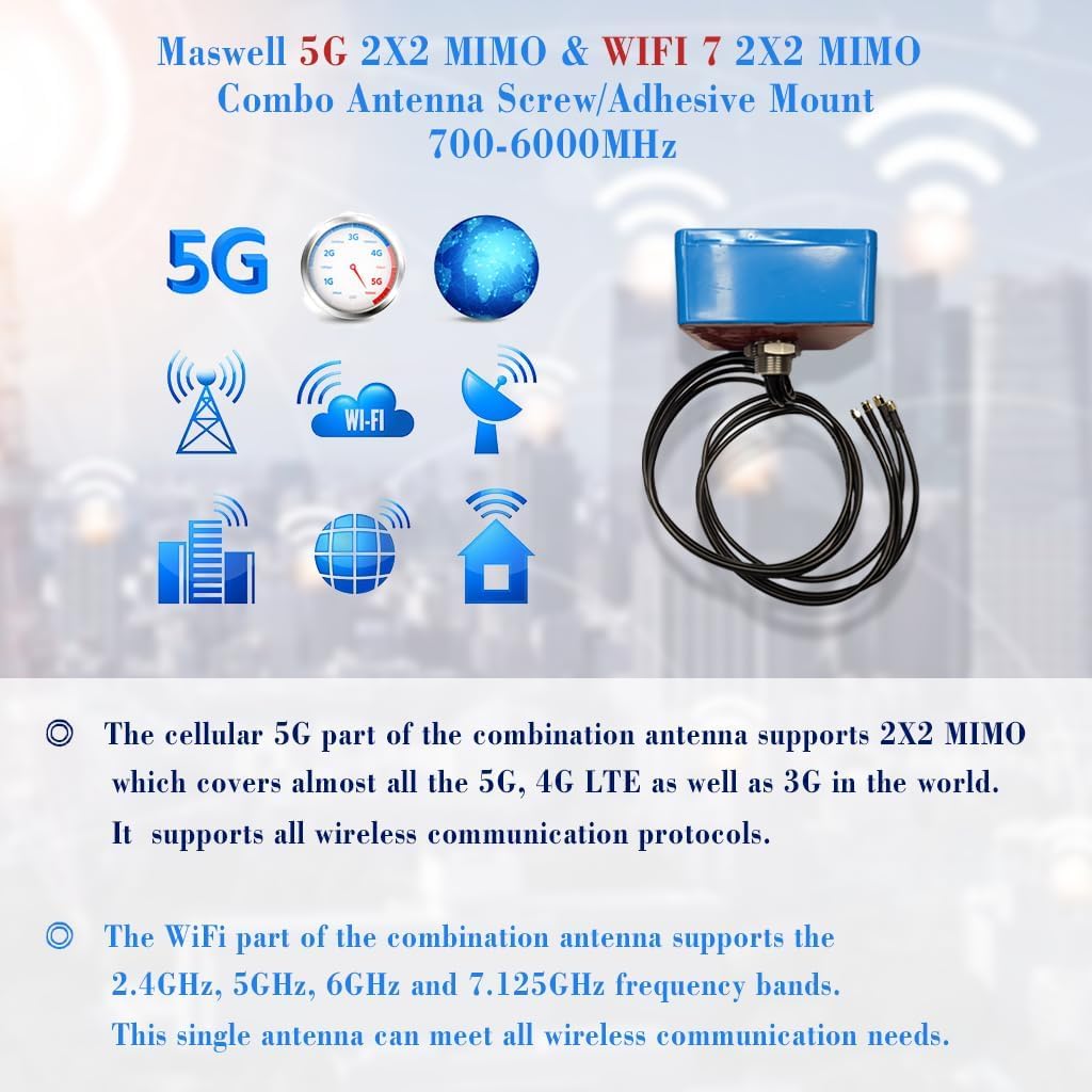 Maswell IoT M2M Antenna Esterna, 2X2 MIMO 5G + 2X2 MIMO WiFi 7, Omni 700-6000 MHz con 5G NR 4G LTE, WiFi 6E Bluetooth WiMAX e Zigbee, montaggio a vite e adesivo, basso guadagno non per competizione di