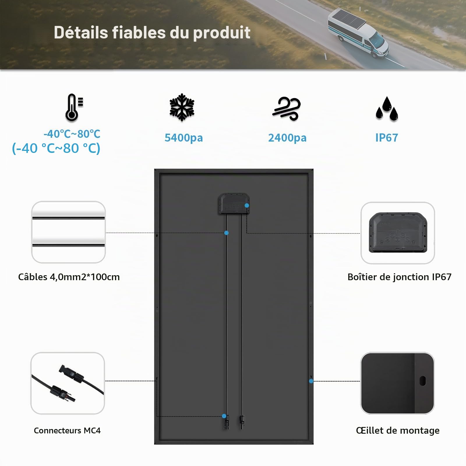 Panneau Solaire Monocristallin N-Type 220W 12V Noir – Module Solaire Haute Efficacité pour Camping-Car, Bateau, Balcon, Toit, Batteries 12V et Centrales Électriques Mobiles