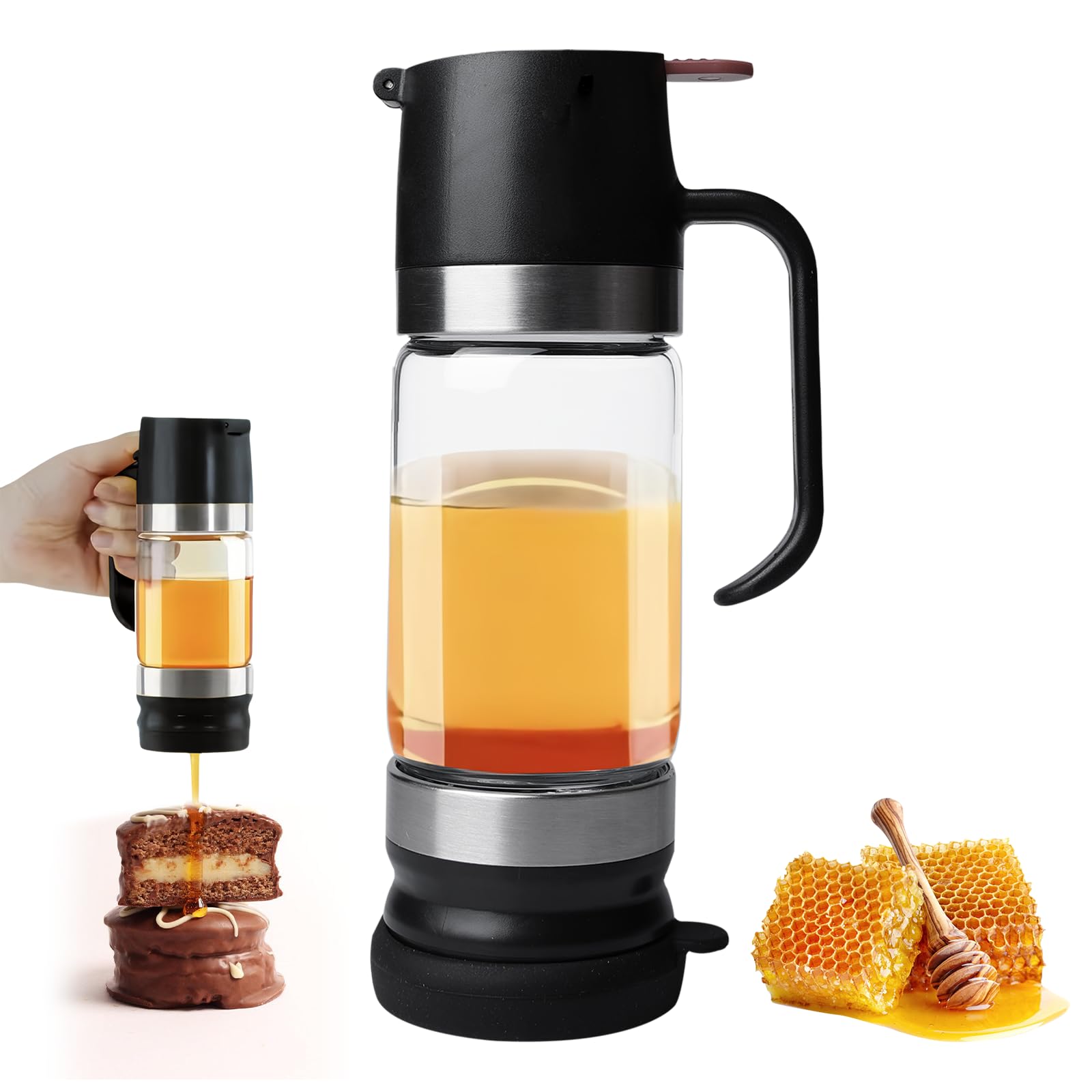 Dispenser di miele in vetro borosilicato 300 ml: barattolo per miele antigoccia con manico e tecnologia anti-ritorno, ideale per sciroppo, marmellata, caffè, tè, cucina e ufficio