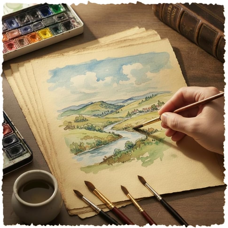Watercolor Paper - 50 Sheets 150gsm Thick Virgin Cotton Handmade Deckled Edge Paper (Antique/Vintage, 7 X 5)