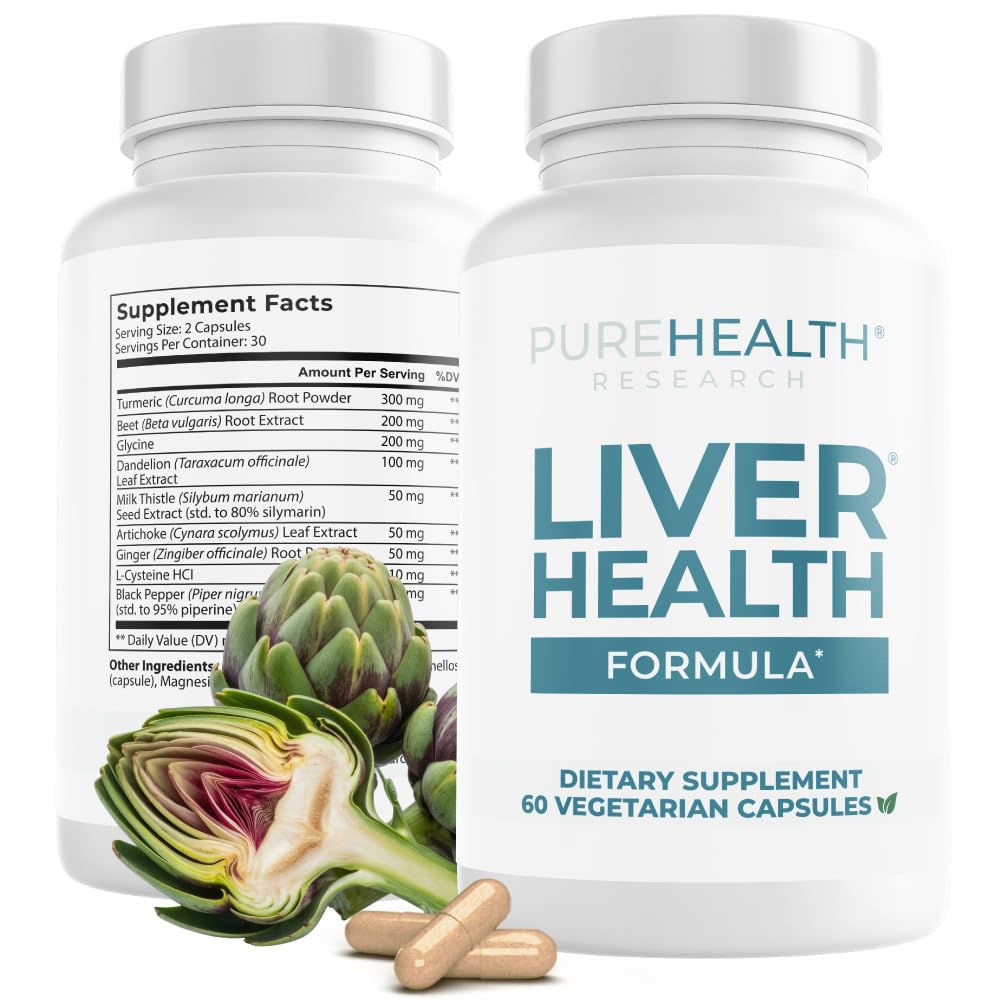 PUREHEALTH RESEARCH Liver Health – Liver Cleanse Detox & Repair with Artichoke Extract, Milk Thistle, Dandelion Root, Turmeric, Beet Root to Healthy Liver Renew with 11 Natural Nutrients, 60 Capsules