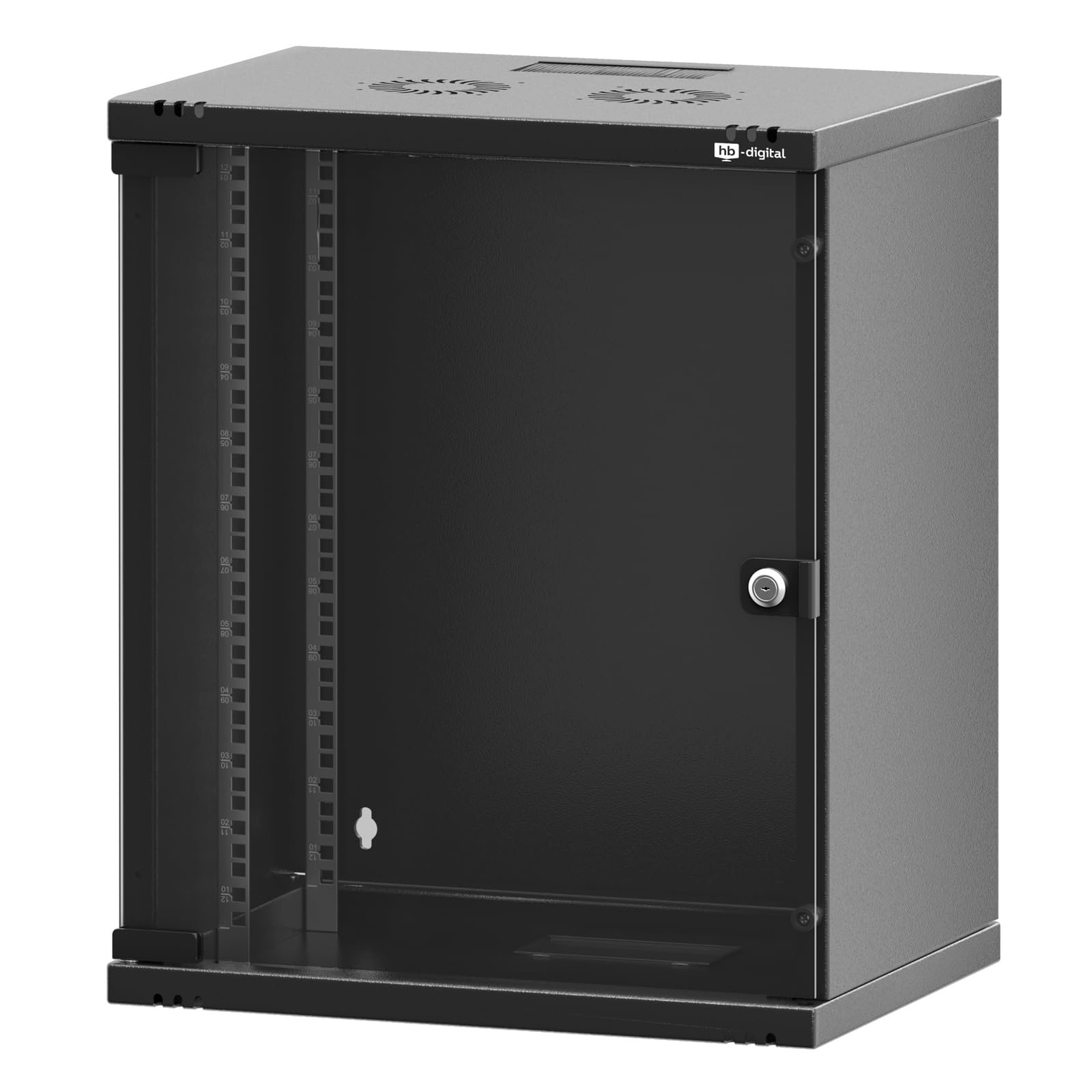 hb-digital Netzwerkschrank 19Zoll 12HE Wandmontage Glastür Sichttür Schloss Wandgehäuse für EDV Router Patchpanel Traglast 60kg robust Tiefe 400mm abschließbar mit Lüftung Unmontiert - Schwarz