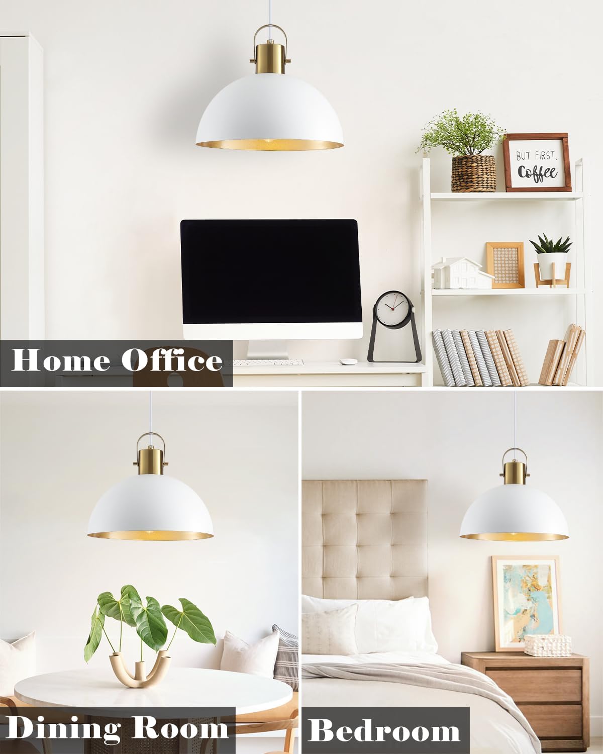 White and Gold Pendant Light 2 Pack, 11.8 Inch Pendant Lights Kitchen Island, Dome Pendant Lights, Farmhouse Pendant Light for Kitchen Island, Dining Room, Living Room