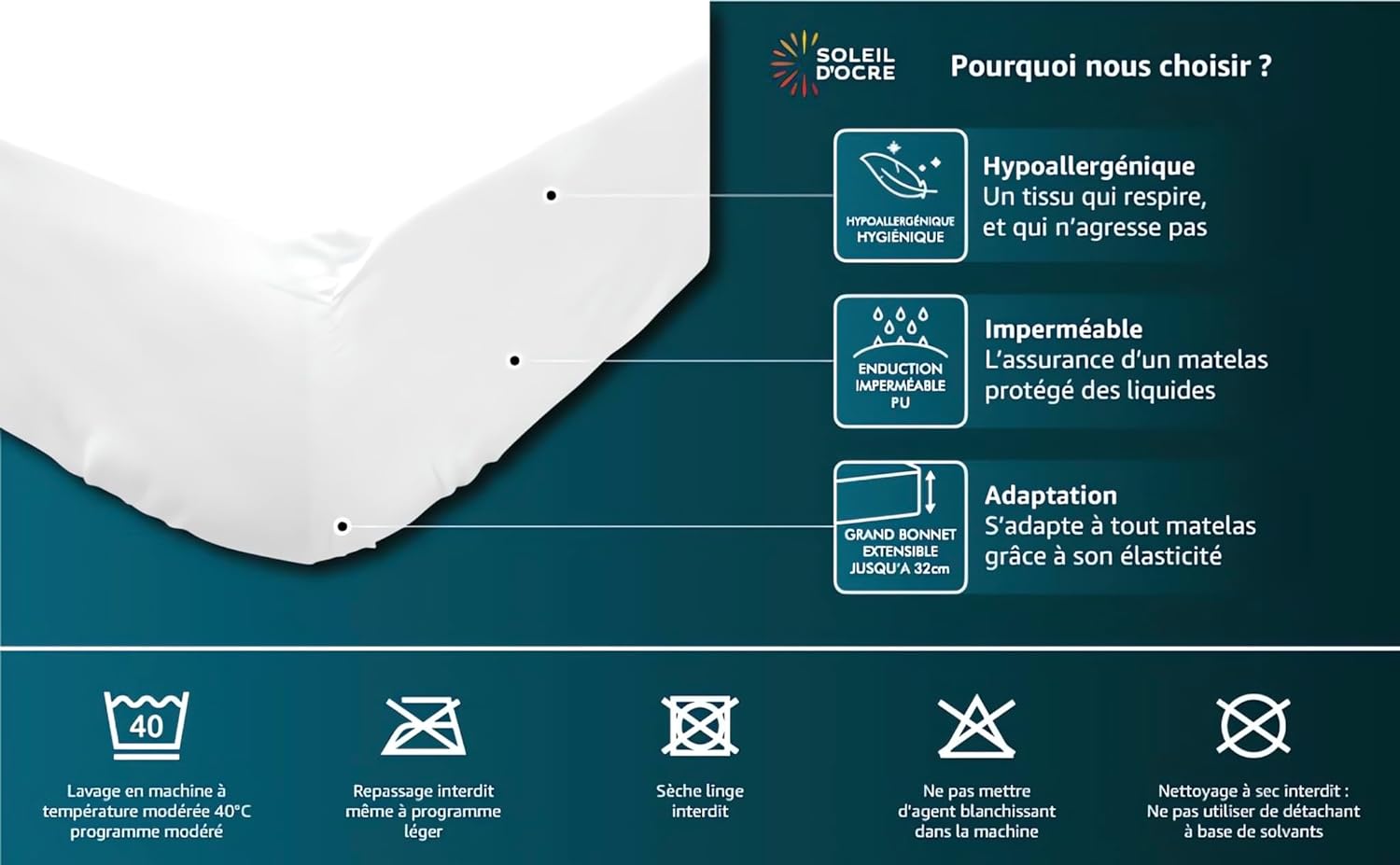 Mattress Protector, 90 x 190 cm, Waterproof, e.g. Soleil d'ocre