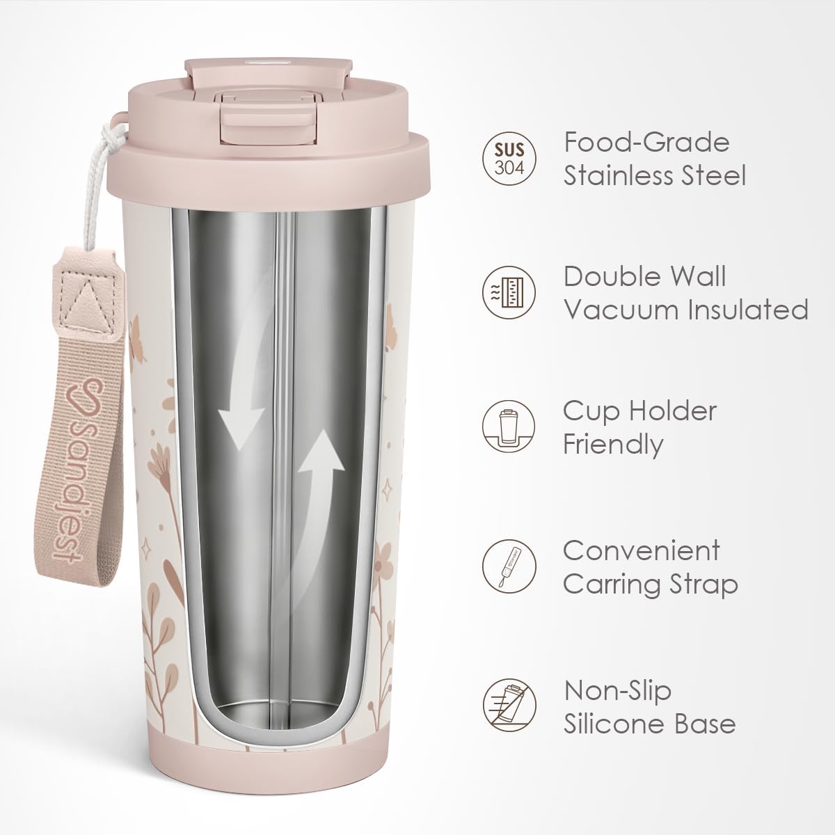 SANDJEST Floral Tumbler Stainless Steel 2-in-1 Lid Coffee Tumbler 18 oz, Insulated Travel Mug Gift for Women Teen Girls, Birthday Christmas - Image 2