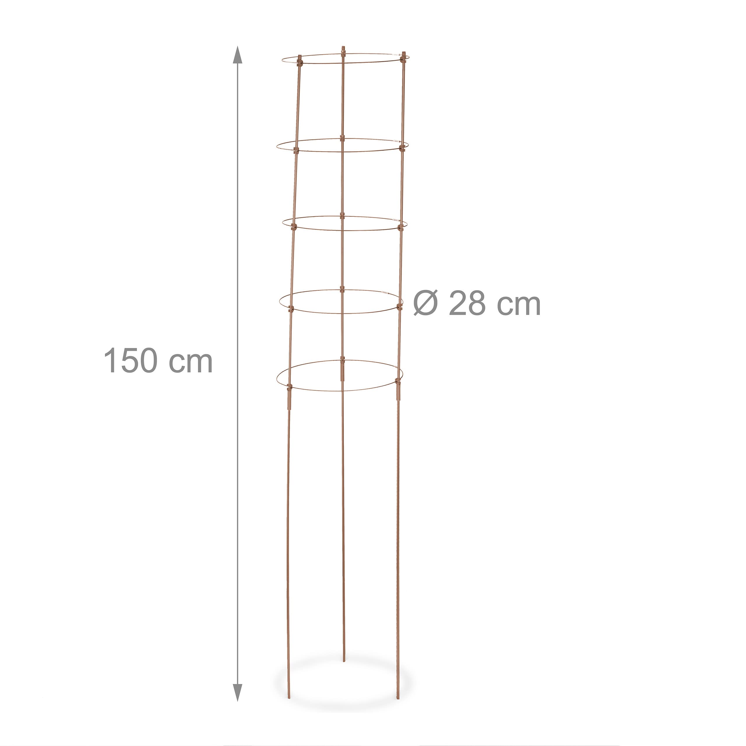 Relaxdays Podpora dla roślin pnących, zestaw 2 szt, metal i tworzywo sztuczne, wysokość 150 cm, 5 regulowanych pierścieni, podpora dla roślin pnących, kolor brązowy