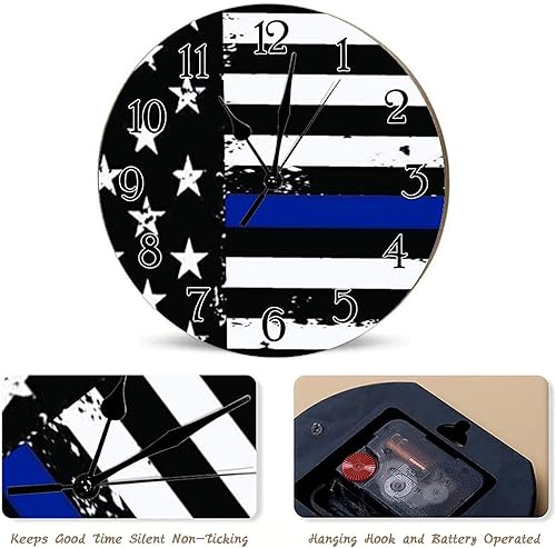 Miniatura 6 de Reloj de pared con bandera estadounidense de línea azul delgada para pared, rústico, de 12 pulgadas, con línea azul fina, bandera americana, reloj
