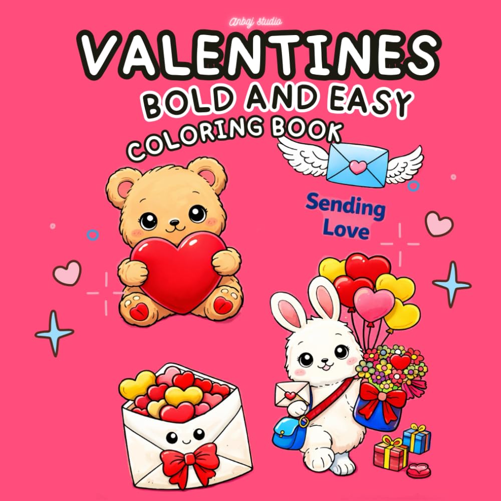 Valentine Bold and Easy Coloring Book: 48 Cute Kawaii Designs with Thick Lines, Simple & Relaxing Coloring Pages for Beginners, Stress Relief, and Fun