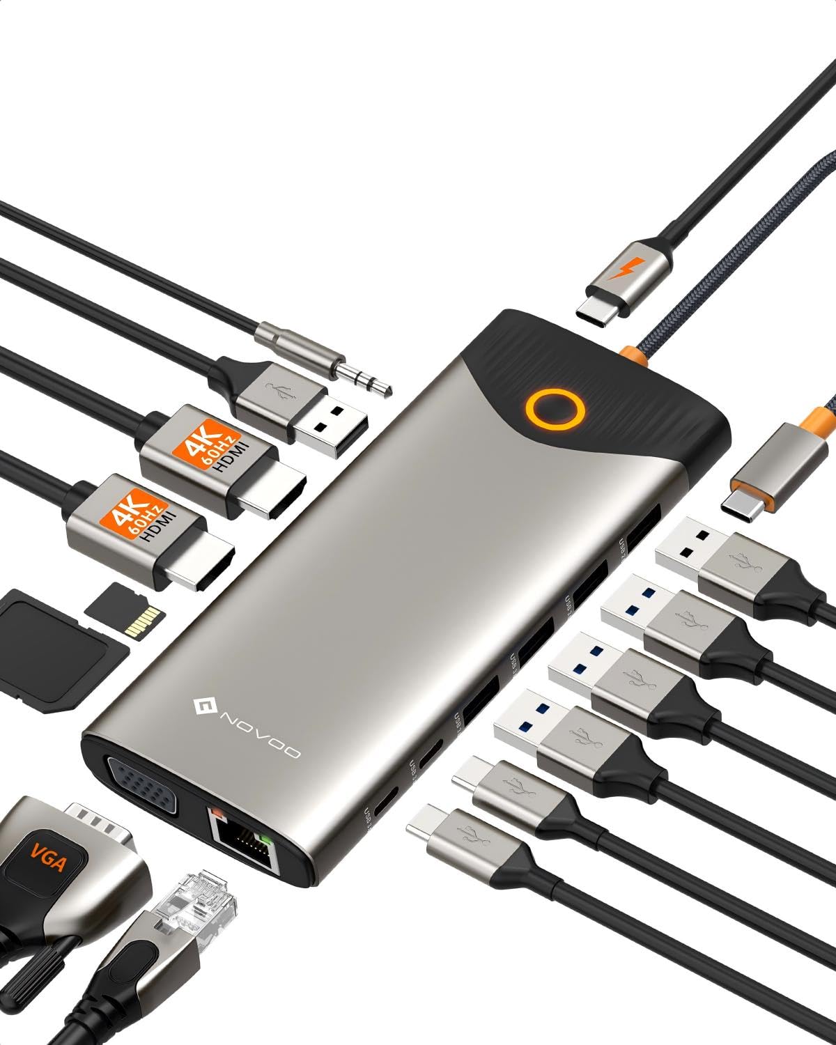 Docking Docking Station USB C, 15-in-1 NOVOO, 2 HDMI 4K@60Hz, VGA