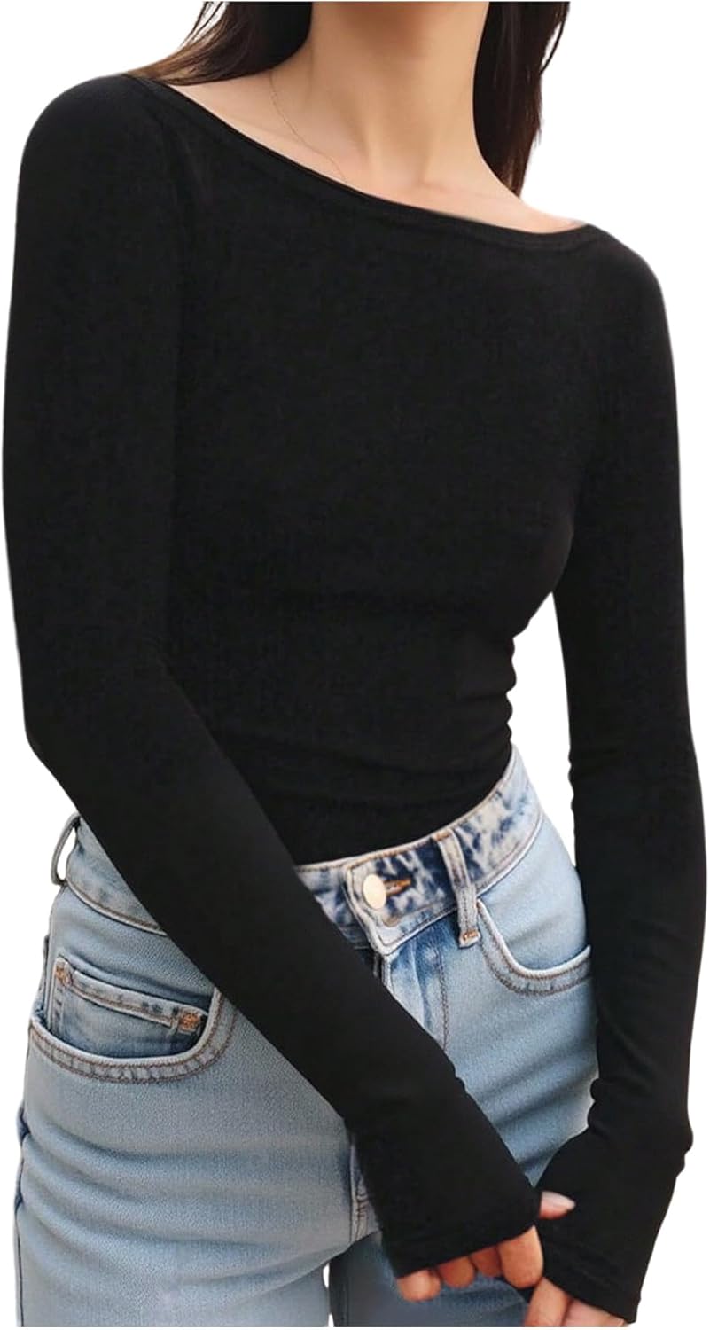 Milumia Women Sexy Open Back Long Sleeve Shirt Boat Neck Fitted Going Out Tee Tops