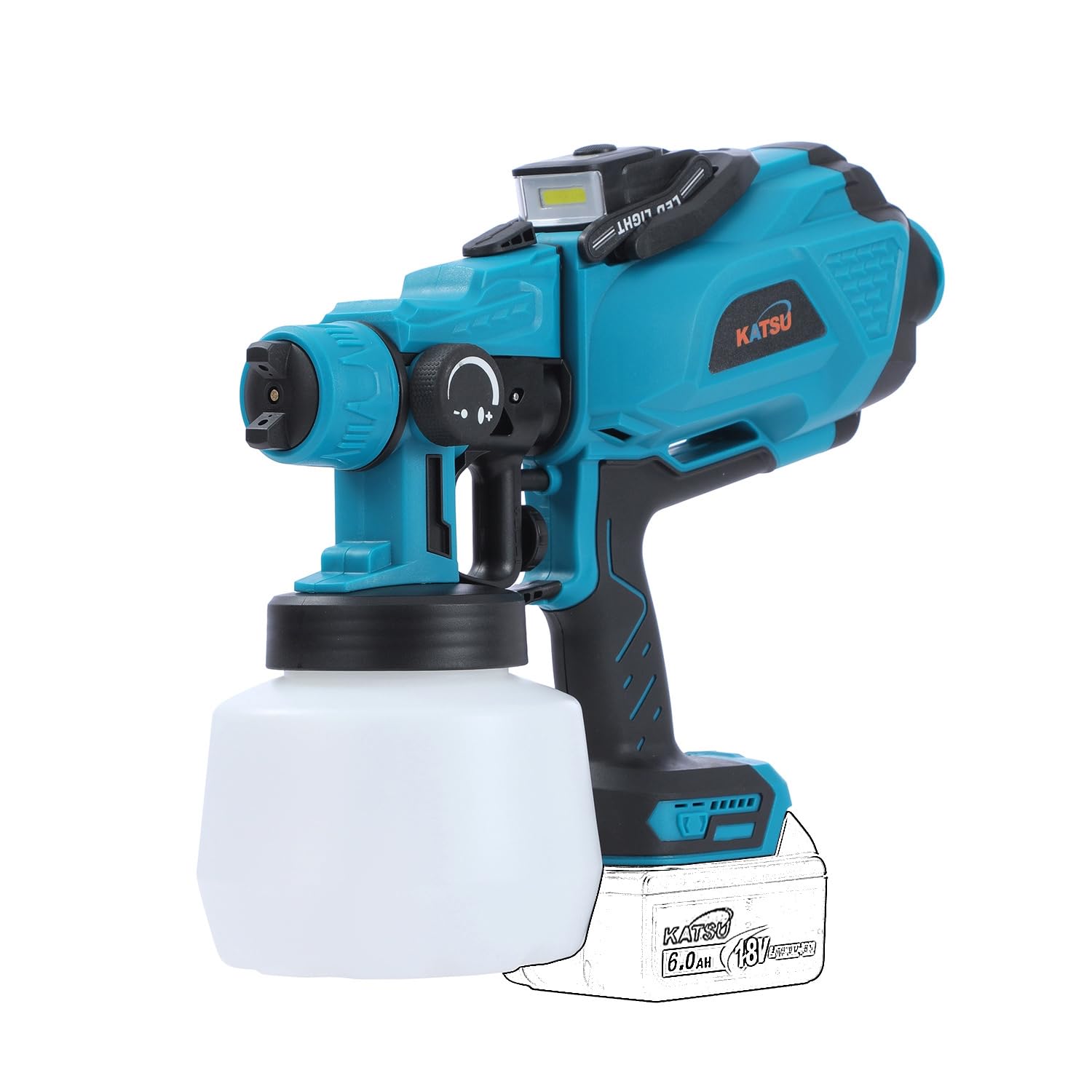 KATSU FIT-BAT 21V draadloos spuitpistool met LED-licht en 3 spuitmonden, 1200 ml draadloze elektrische verfspuit voor omheiningsmuur, houtbehandeling, meubels, tractor, ondervacht (geen batterij