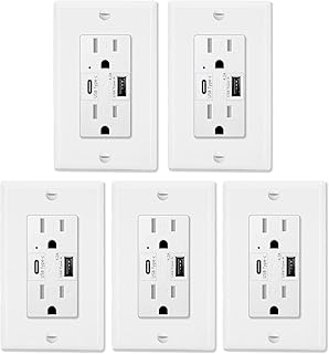 Greencycle Type C Outlet,5 Pack 15A USB Type A/Type C Wall Outlet,4.2A High Power High Speed Duplex Receptacle Compatible with iPhone XS/MAX/XR/X/8/7/6 etc, UL Listed,USB Not for Laptops