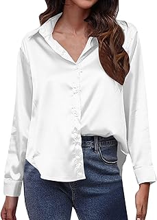 2025 - Blusa de seda satinada para mujer, color liso, manga larga, con solapa, blusa de trabajo, blusa para mujer, azul a cuadros